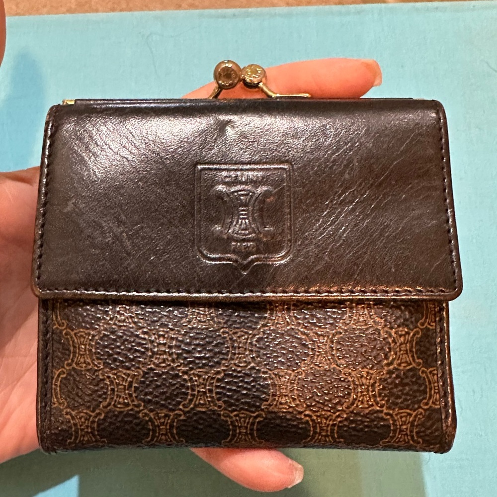 Vintage Celine Macadam Coated Canvas and Leather Triomphe Kisslock Wallet